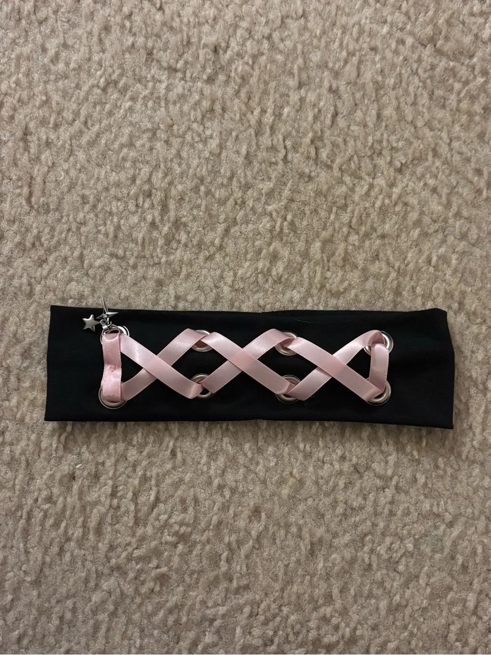 Black Headband with Pink Ribbon Lacing + Grommet Detail